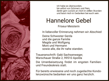 Traueranzeige von Hannelore Gebel von Hersfeld