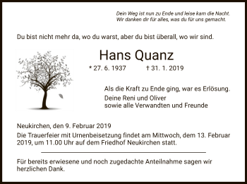 Traueranzeige von Hans Quanz von Hersfeld