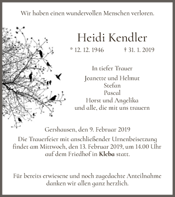 Traueranzeige von Heidi Kendler von Hersfeld