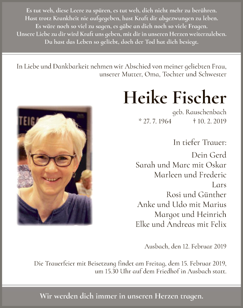  Traueranzeige für Heike Fischer vom 12.02.2019 aus Hersfeld