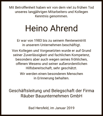 Traueranzeige von Heino Ahrend von Hersfeld