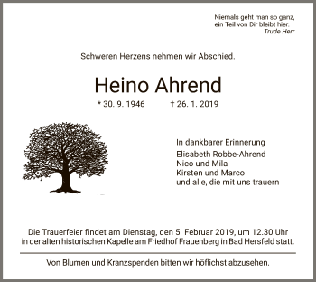 Traueranzeige von Heino Ahrend von Hersfeld