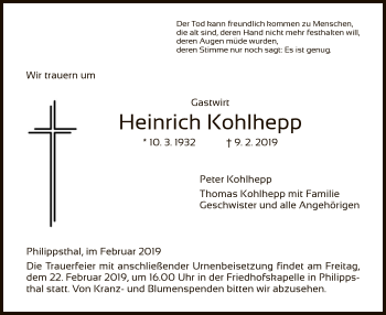 Traueranzeige von Heinrich Kohlhepp von Hersfeld