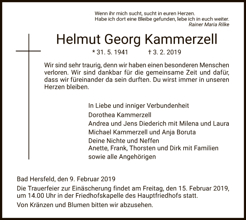  Traueranzeige für Helmut Georg Kammerzell vom 09.02.2019 aus Hersfeld
