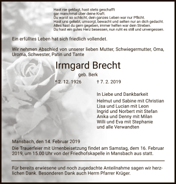 Traueranzeige von Irmgard Brecht von Hersfeld