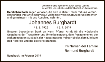 Traueranzeige von Johannes Burghardt von Hersfeld