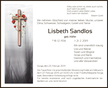 Traueranzeige von Lisbeth Sandlos von Hersfeld