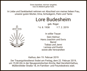 Traueranzeige von Lore Budesheim von Hersfeld