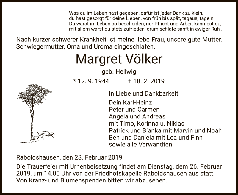  Traueranzeige für Margret Völker vom 23.02.2019 aus Hersfeld