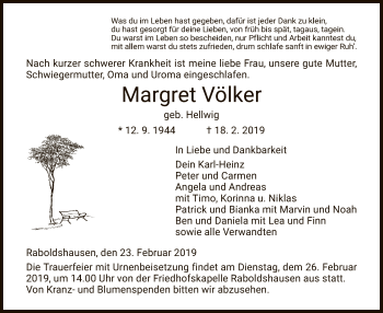 Traueranzeige von Margret Völker von Hersfeld