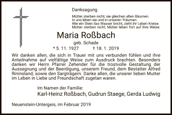 Traueranzeige von Maria Roßbach von Hersfeld