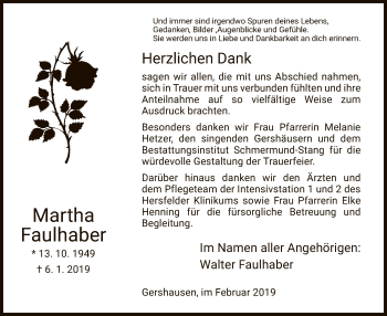 Traueranzeige von Martha Faulhaber von Hersfeld