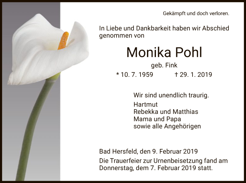  Traueranzeige für Monika Pohl vom 09.02.2019 aus Hersfeld