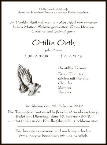 Traueranzeige von Ottilie Orth von Hersfeld