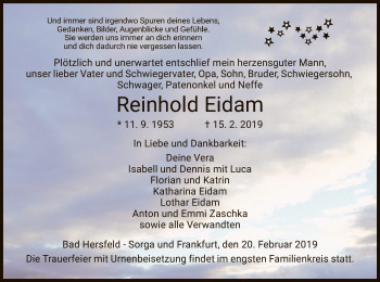 Traueranzeige von Reinhold Eidam von Hersfeld