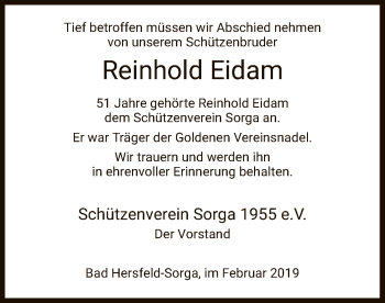 Traueranzeige von Reinhold Eidam von Hersfeld