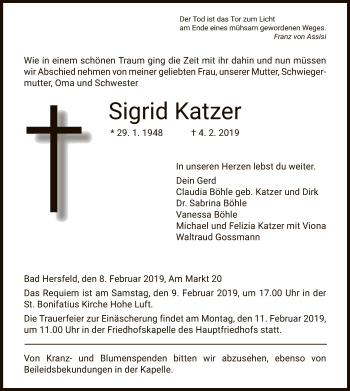 Traueranzeige von Sigrid Katzer von Hersfeld