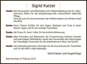 Traueranzeige von Sigrid Katzer von Hersfeld