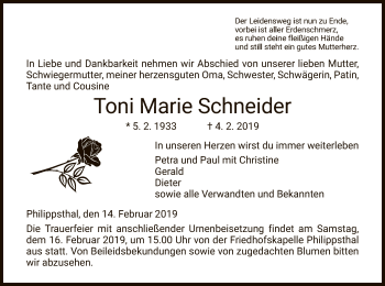Traueranzeige von Toni Marie Schneider von Hersfeld