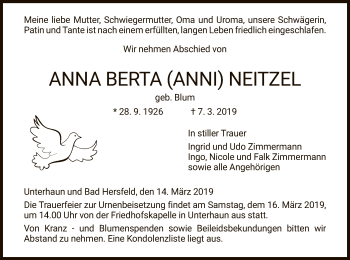 Traueranzeige von Anna Berta von Hersfeld