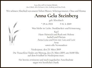 Traueranzeige von Anna Gela Steinberg von Hersfeld