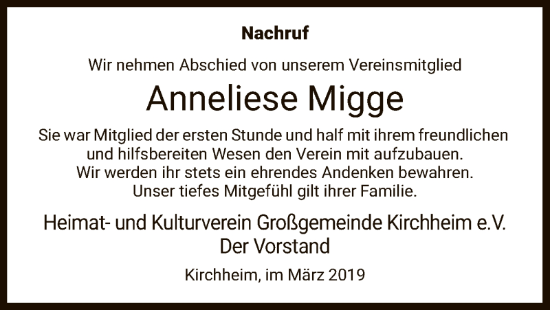  Traueranzeige für Anneliese Migge vom 09.03.2019 aus Hersfeld