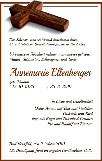 Traueranzeige von Annemarie Ellenberger von Hersfeld