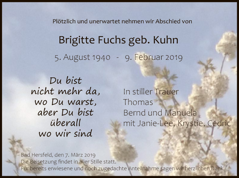  Traueranzeige für Brigitte Fuchs vom 09.03.2019 aus Hersfeld