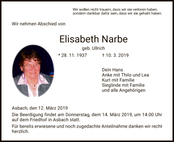 Traueranzeige von Elisabeth Narbe von Hersfeld