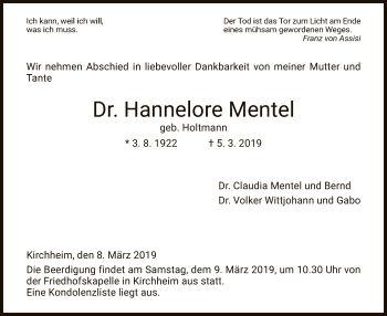 Traueranzeige von Hannelore Mentel von Hersfeld