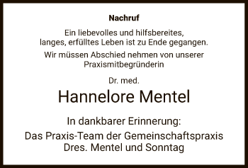 Traueranzeige von Hannelore Mentel von Hersfeld