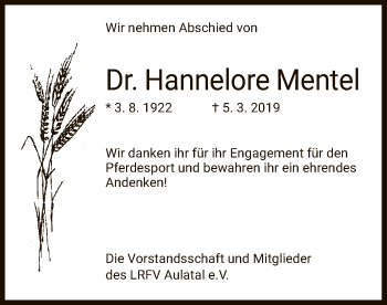 Traueranzeige von Hannelore Mentel von Hersfeld