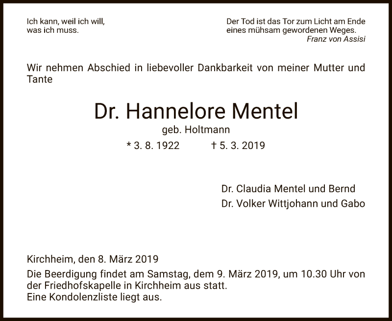  Traueranzeige für Hannelore Mentel vom 08.03.2019 aus Hersfeld