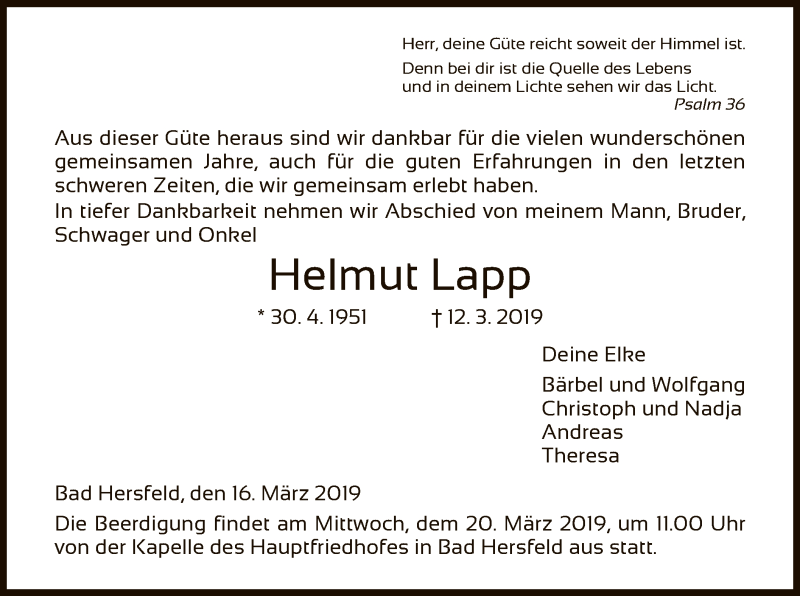 Traueranzeige für Helmut Lapp vom 16.03.2019 aus Hersfeld