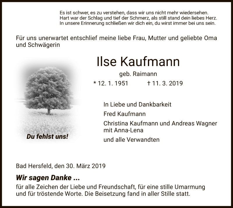  Traueranzeige für Ilse Kaufmann vom 30.03.2019 aus Hersfeld