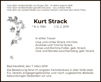 Traueranzeige von Kurt Strack von Hersfeld