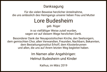 Traueranzeige von Lore Budesheim von Hersfeld