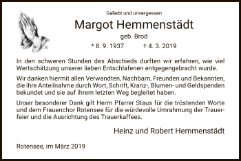 Traueranzeige von Margot Hemmenstädt von Hersfeld