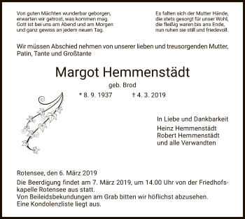 Traueranzeige von Margot Hemmenstädt von Hersfeld