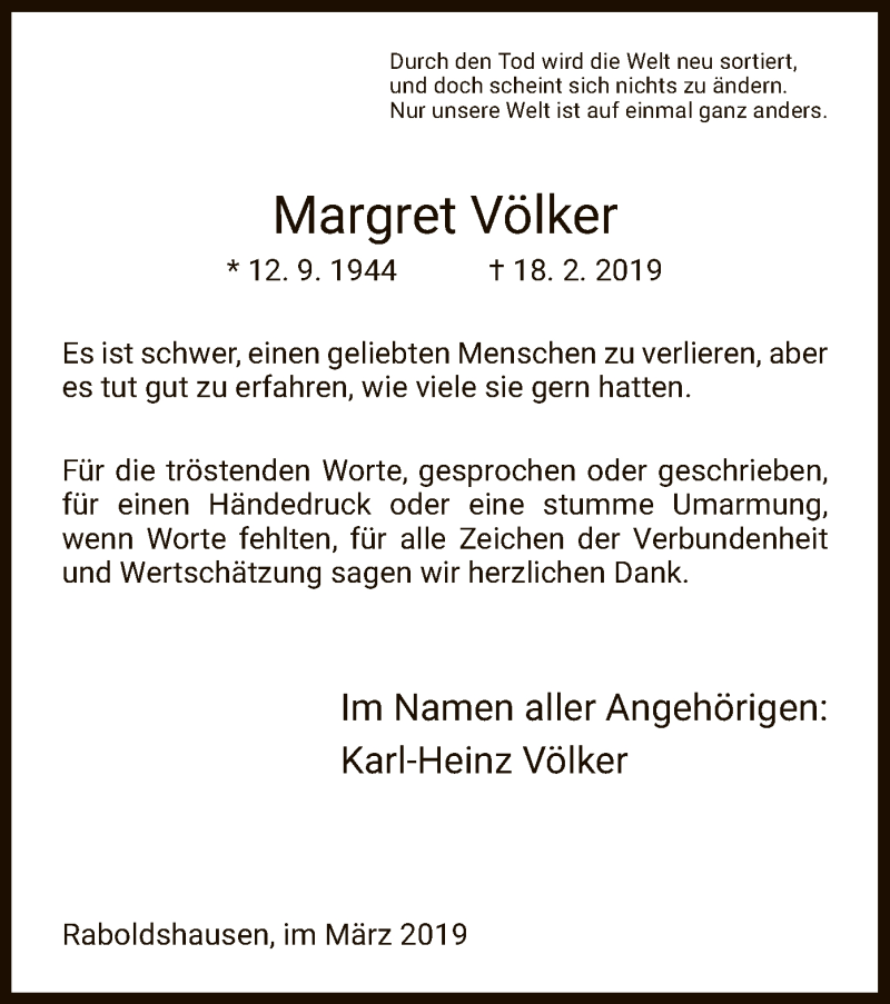  Traueranzeige für Margret Völker vom 16.03.2019 aus Hersfeld