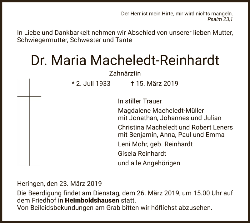  Traueranzeige für Maria Macheledt-Reinhardt vom 23.03.2019 aus Hersfeld
