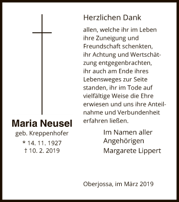 Traueranzeige von Maria Neusel von Hersfeld