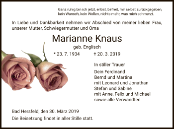 Traueranzeige von Marianne Knaus von Hersfeld