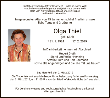 Traueranzeige von Olga Thiel von Hersfeld