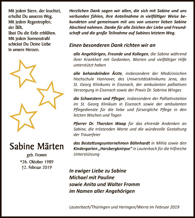  Traueranzeige für Sabine Märten vom 02.03.2019 aus Hersfeld