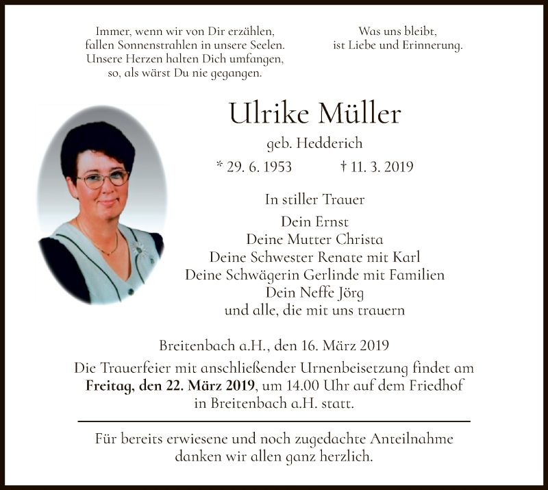  Traueranzeige für Ulrike Müller vom 16.03.2019 aus Hersfeld