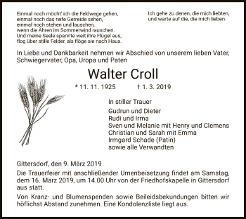 Traueranzeige von Walter Croll von Hersfeld