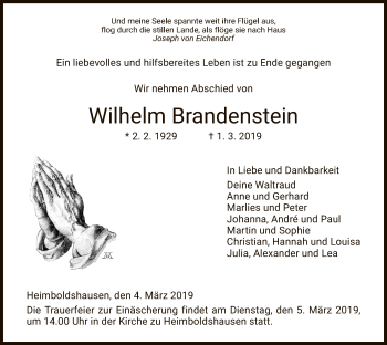 Traueranzeige von Wilhelm Brandenstein von Hersfeld