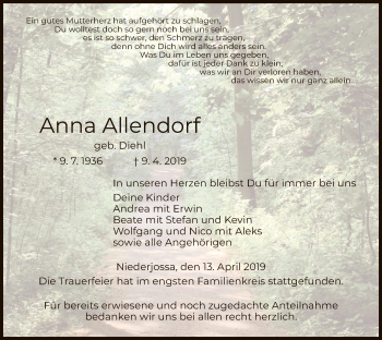 Traueranzeige von Anna Allendorf von Hersfeld