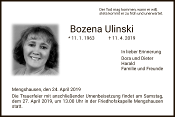 Traueranzeige von Bozena Ulinski von Hersfeld